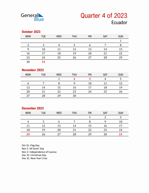 Printable Three Month Calendar with Ecuador Holidays