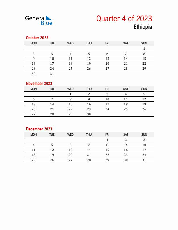 Printable Three Month Calendar with Ethiopia Holidays