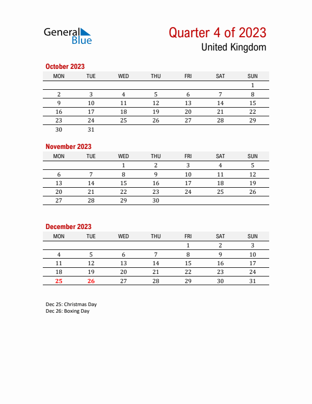 Printable Three Month Calendar with United Kingdom Holidays