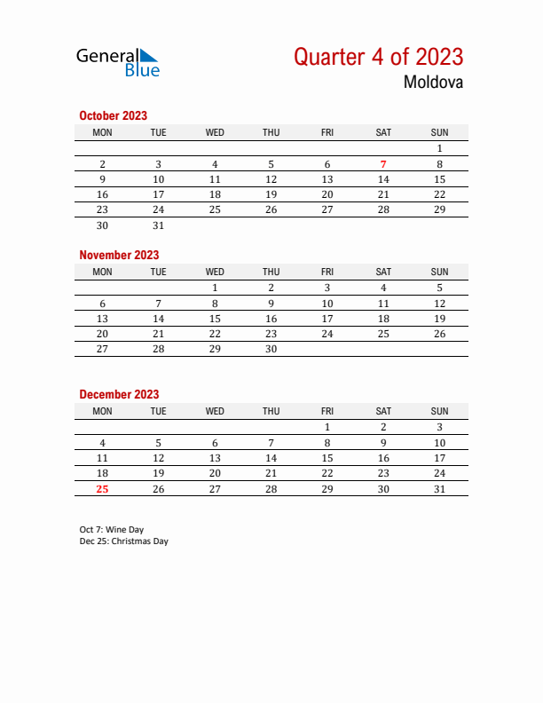 Printable Three Month Calendar with Moldova Holidays