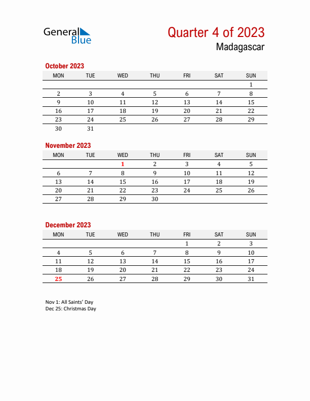 Printable Three Month Calendar with Madagascar Holidays