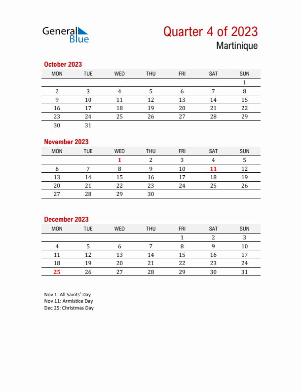 Printable Three Month Calendar with Martinique Holidays