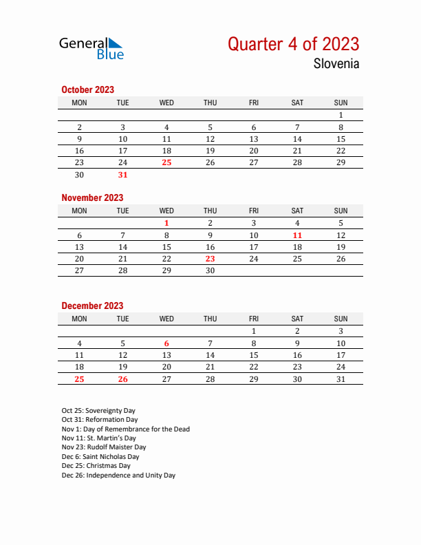 Printable Three Month Calendar with Slovenia Holidays