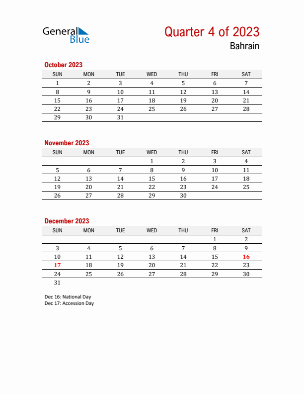 Printable Three Month Calendar with Bahrain Holidays