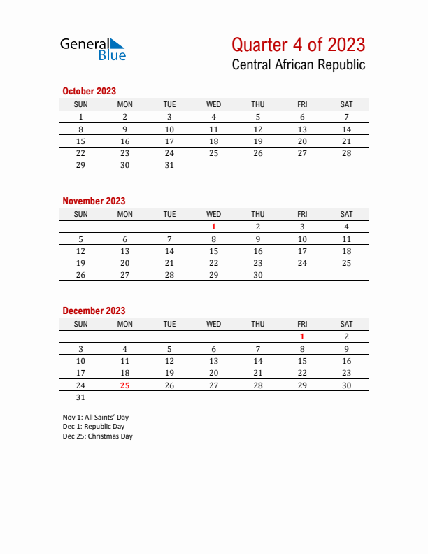 Printable Three Month Calendar with Central African Republic Holidays