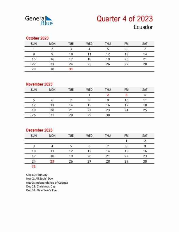 Printable Three Month Calendar with Ecuador Holidays