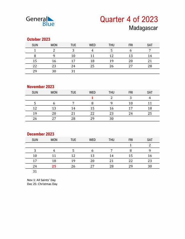 Printable Three Month Calendar with Madagascar Holidays