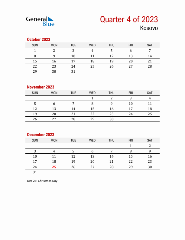 Printable Three Month Calendar with Kosovo Holidays