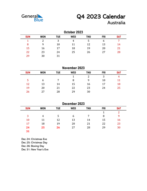 Q4 2023 Quarterly Calendar with Australia Holidays