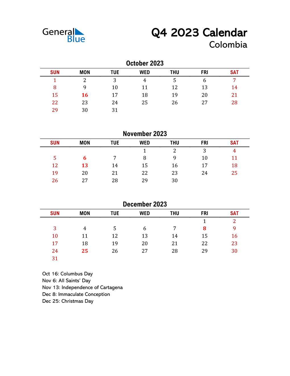 Q4 2023 Quarterly Calendar with Colombia Holidays