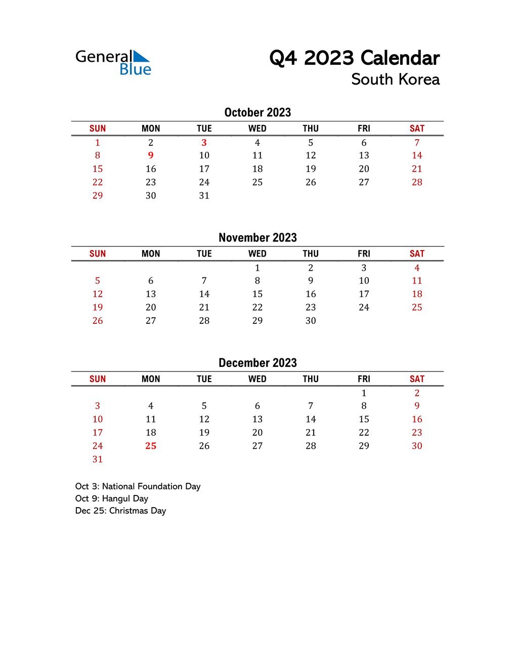Q4 2023 Quarterly Calendar with South Korea Holidays