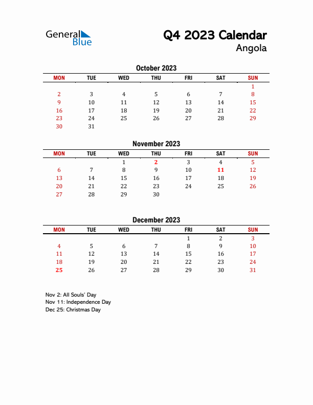 2023 Q4 Calendar with Holidays List for Angola