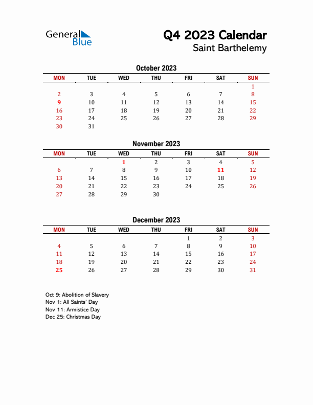 2023 Q4 Calendar with Holidays List for Saint Barthelemy