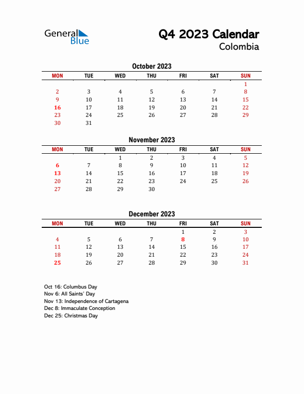 2023 Q4 Calendar with Holidays List for Colombia
