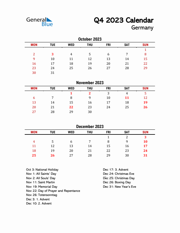 2023 Q4 Calendar with Holidays List for Germany