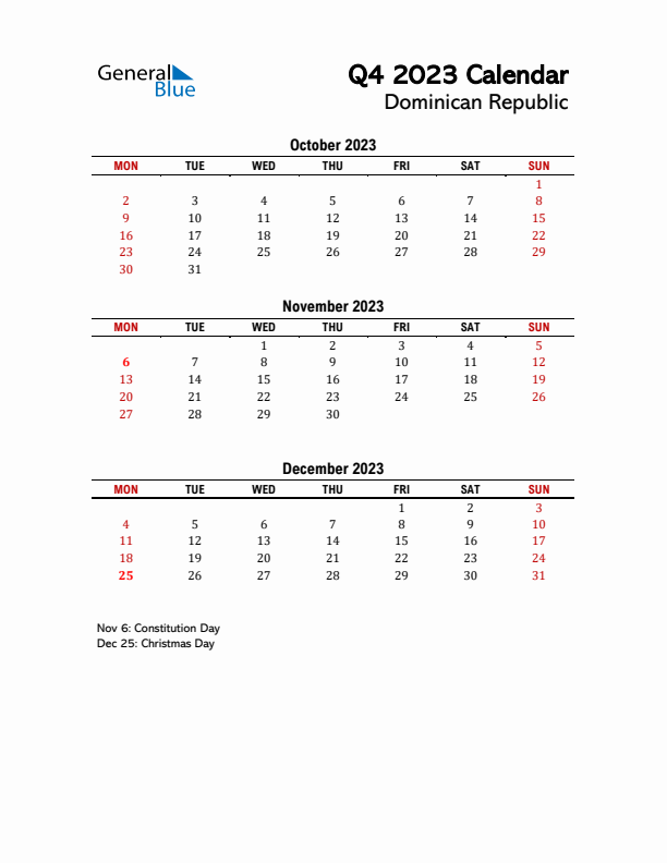 2023 Q4 Calendar with Holidays List for Dominican Republic