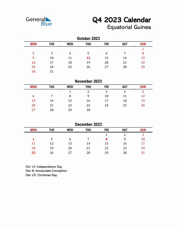 2023 Q4 Calendar with Holidays List for Equatorial Guinea