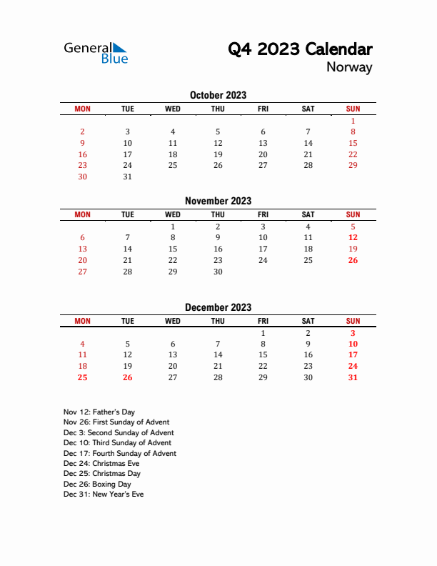 2023 Q4 Calendar with Holidays List for Norway