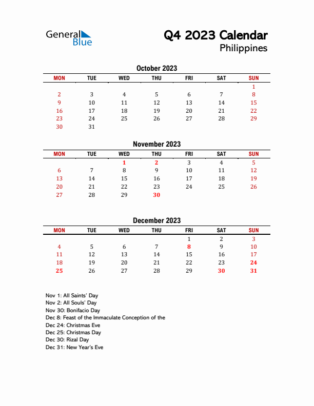 2023 Q4 Calendar with Holidays List for Philippines