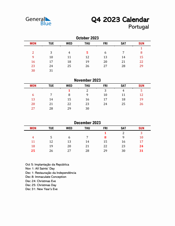 2023 Q4 Calendar with Holidays List for Portugal