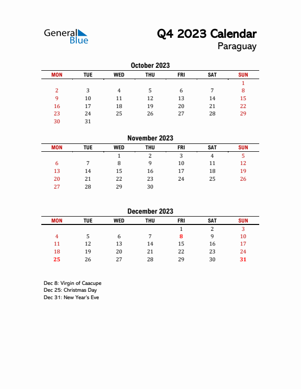 2023 Q4 Calendar with Holidays List for Paraguay