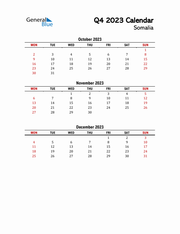 2023 Q4 Calendar with Holidays List for Somalia