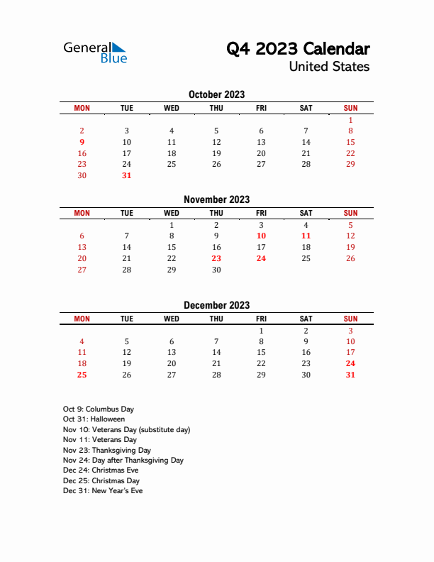 2023 Q4 Calendar with Holidays List for United States