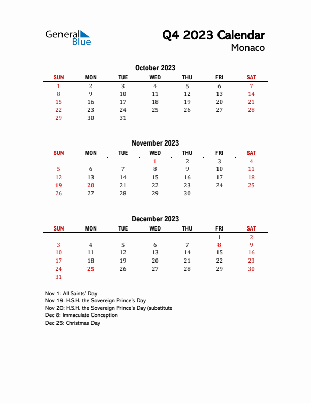 2023 Q4 Calendar with Holidays List for Monaco