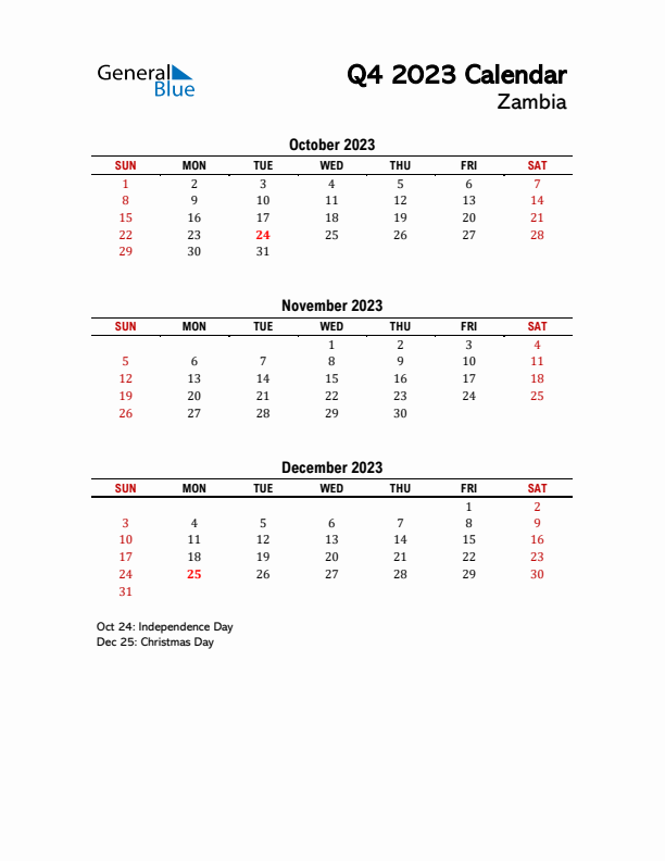 2023 Q4 Calendar with Holidays List for Zambia