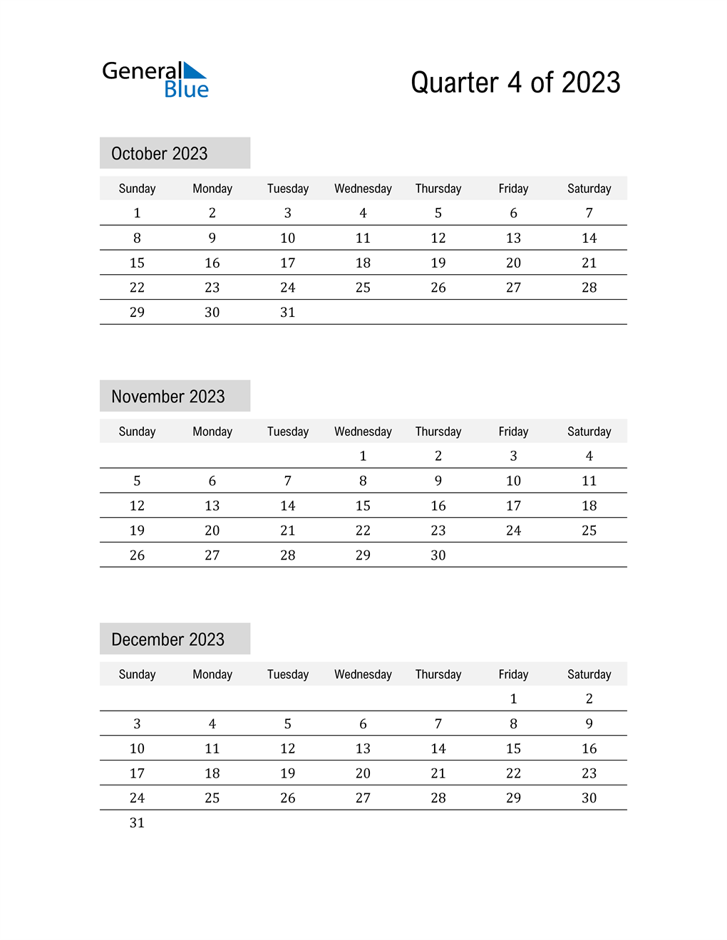  October, November, and December Calendar 2023
