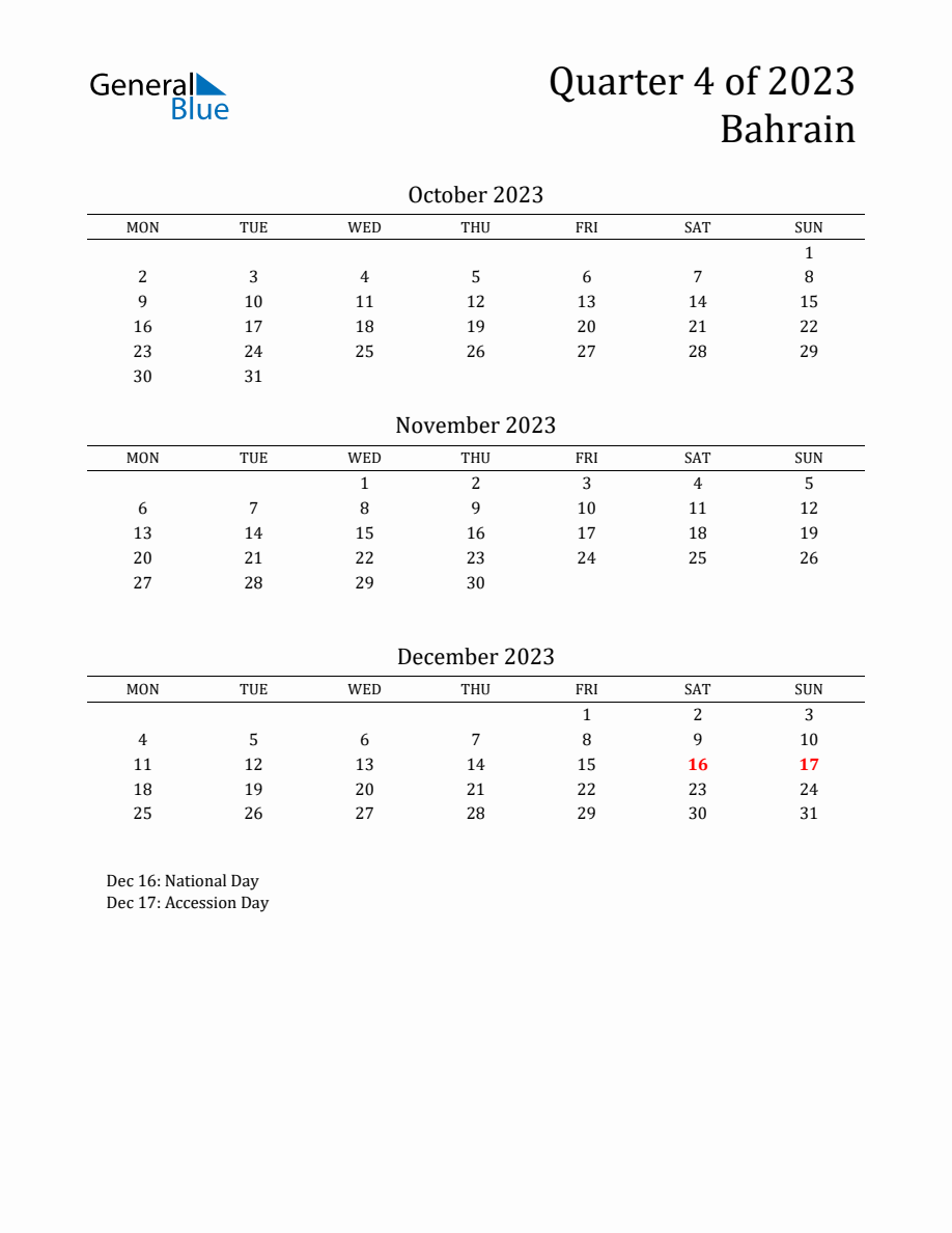 Quarter 4 2023 Bahrain Quarterly Calendar