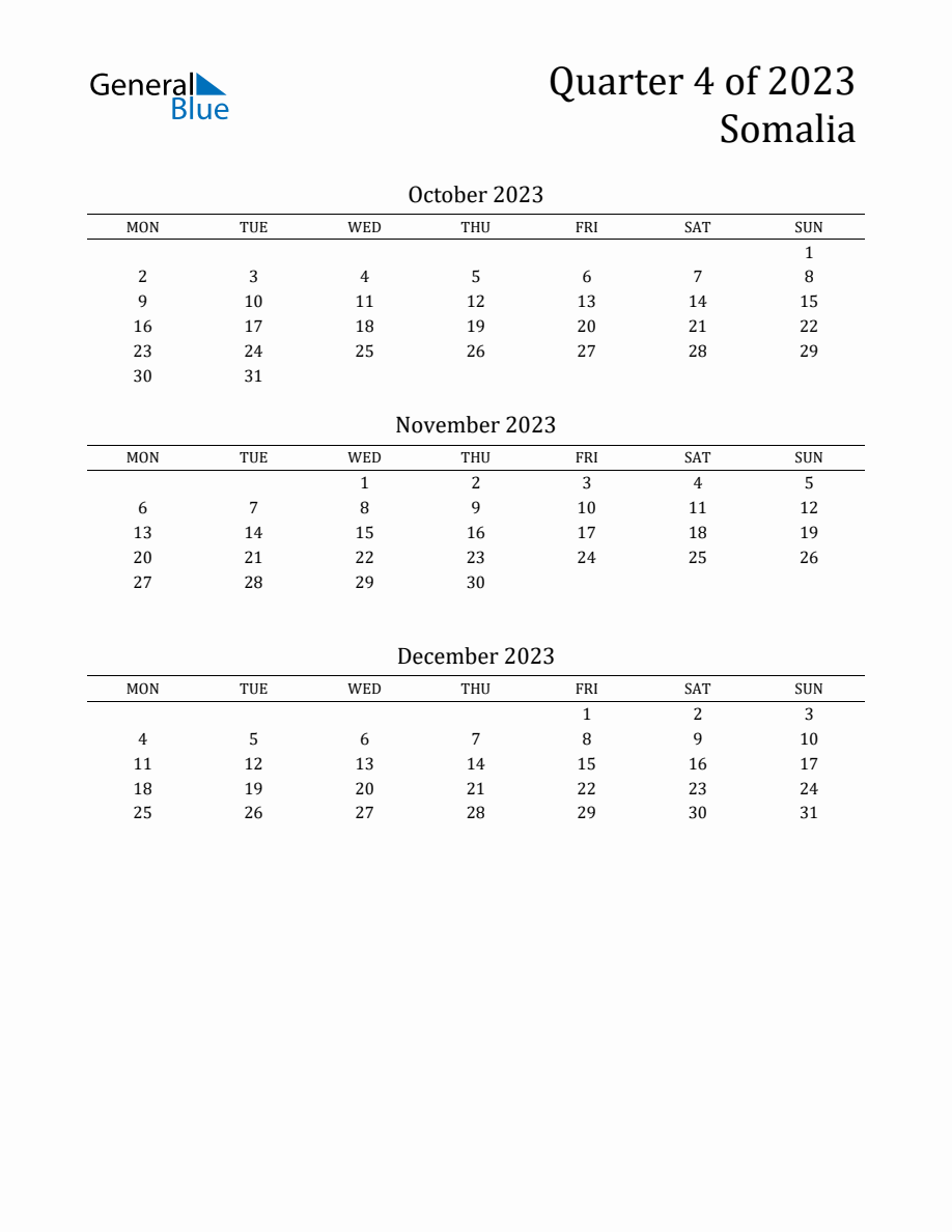 Quarter 4 2023 Somalia Quarterly Calendar