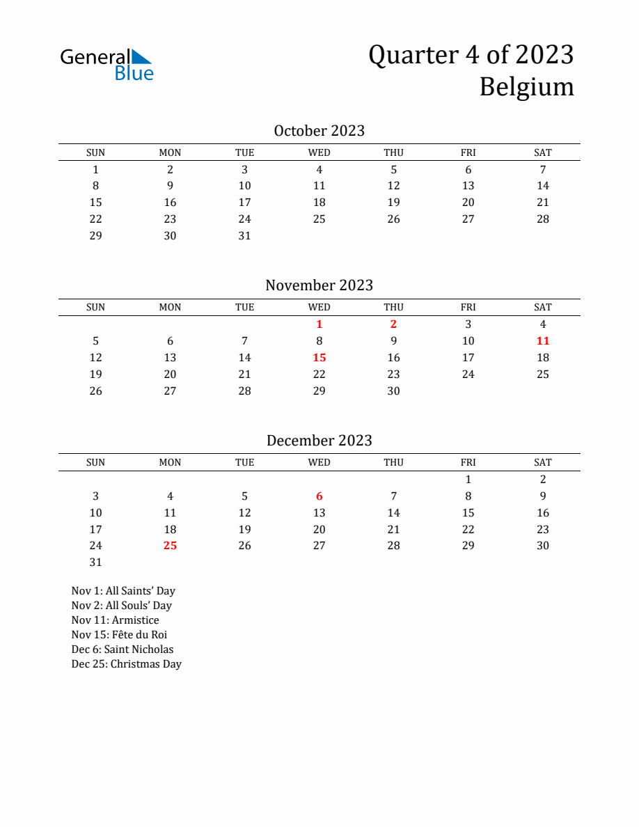 Quarter 4 2023 Belgium Quarterly Calendar