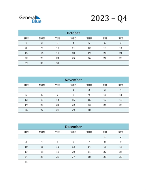  October, November, and December 2023 Calendar
