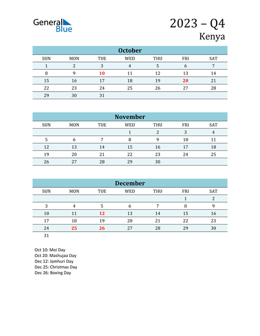 Q4 2023 Quarterly Calendar with Kenya Holidays