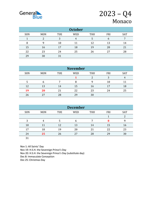  Three-Month Planner for Q4 2023 with Holidays