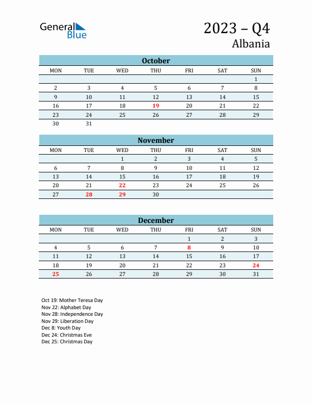 Three-Month Planner for Q4 2023 with Holidays - Albania