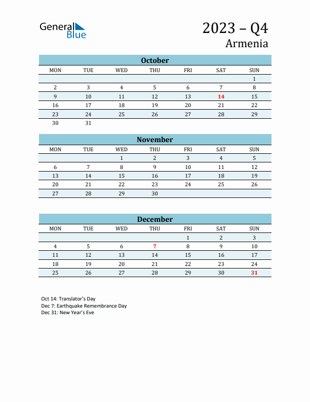 Three-Month Planner for Q4 2023 with Holidays - Armenia