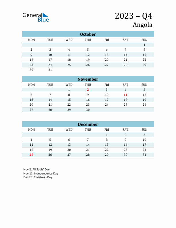 Three-Month Planner for Q4 2023 with Holidays - Angola