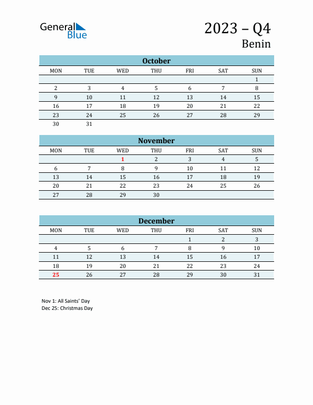 Three-Month Planner for Q4 2023 with Holidays - Benin