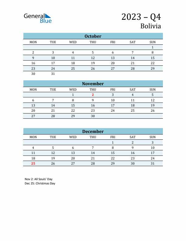 Three-Month Planner for Q4 2023 with Holidays - Bolivia