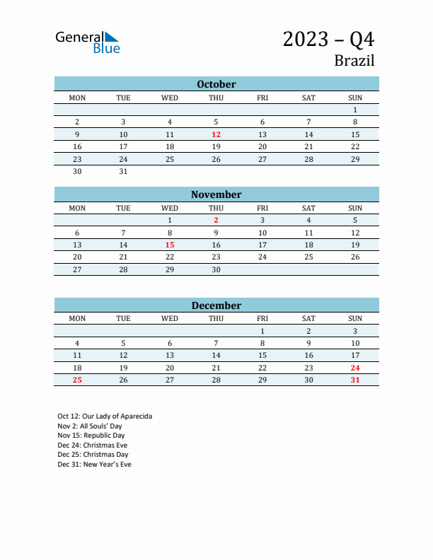 Three-Month Planner for Q4 2023 with Holidays - Brazil