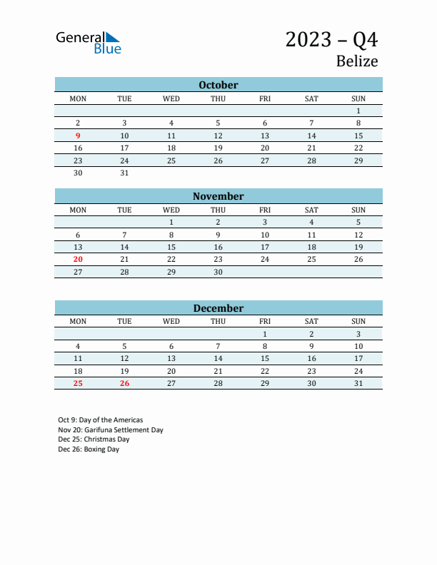 Three-Month Planner for Q4 2023 with Holidays - Belize