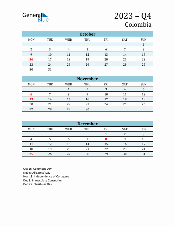 Three-Month Planner for Q4 2023 with Holidays - Colombia