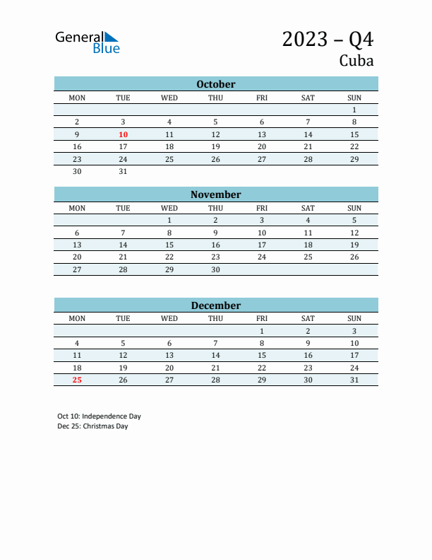 Three-Month Planner for Q4 2023 with Holidays - Cuba
