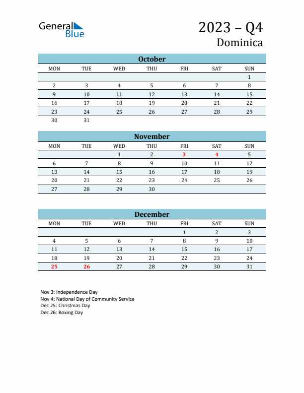 Three-Month Planner for Q4 2023 with Holidays - Dominica