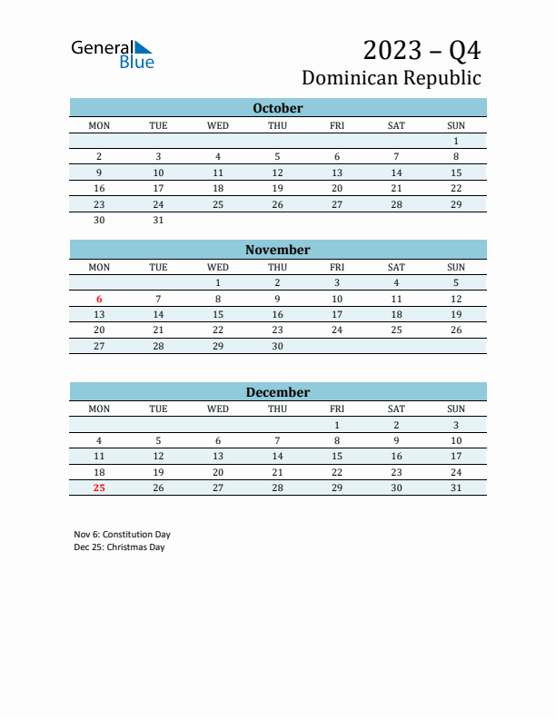 Three-Month Planner for Q4 2023 with Holidays - Dominican Republic