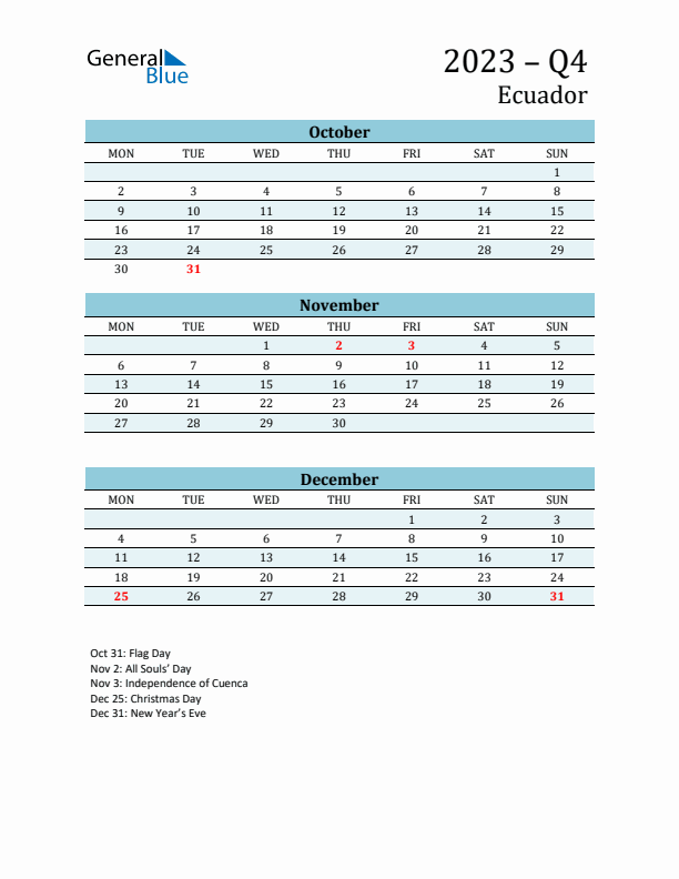 Three-Month Planner for Q4 2023 with Holidays - Ecuador
