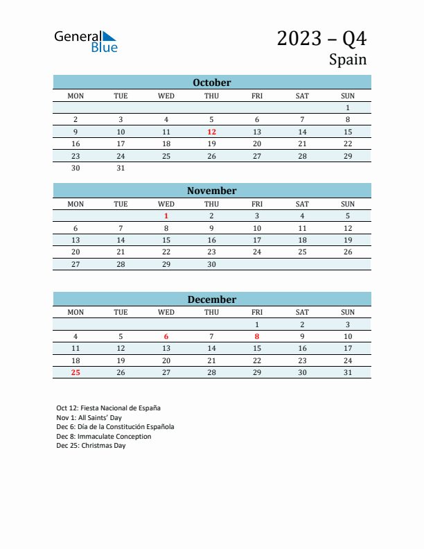 Three-Month Planner for Q4 2023 with Holidays - Spain