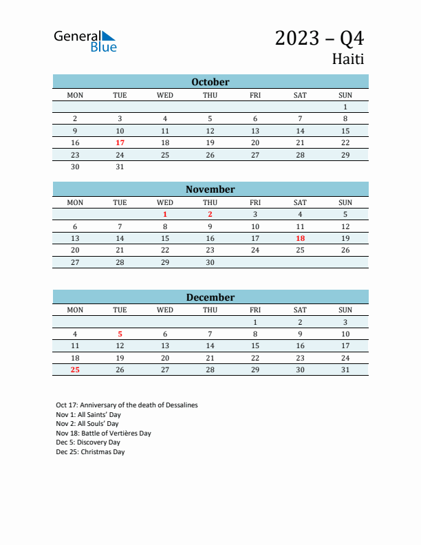 Three-Month Planner for Q4 2023 with Holidays - Haiti
